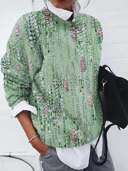 Loose Casual Crew Neck Sweatshirt, Green, Sweatshirts & Hoodies