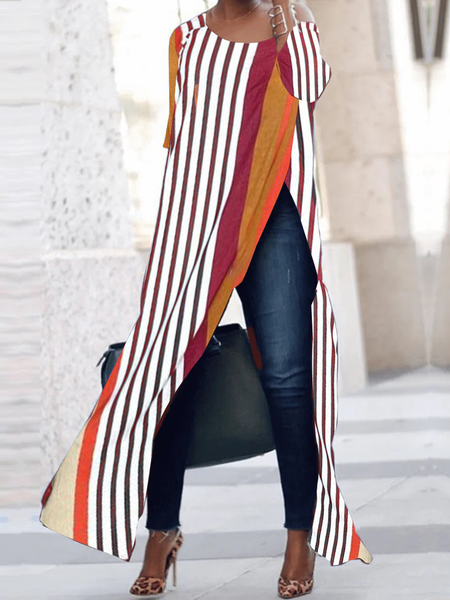 

Micro-Elasticity Urban Asymmetrical Three Quarter Sleeve Striped Long Shirt, As picture, Blouses and Shirts