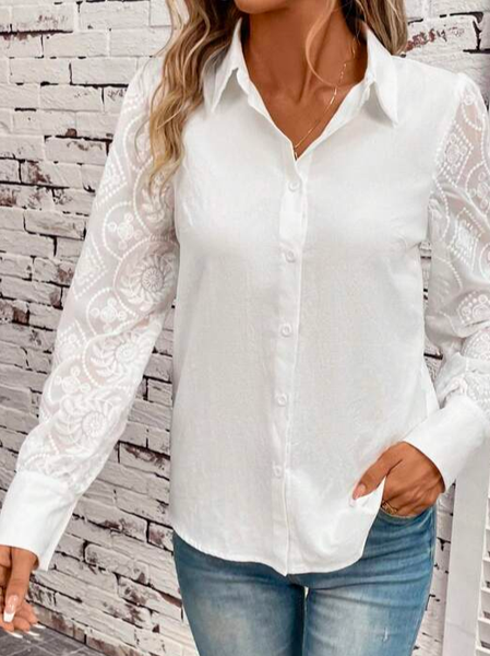 Loose Shirt Collar Plain Elegant Contrast Mesh Button Front Blouse, White, Shirts & Blouses
Loose Shirt Collar Plain Elegant Contrast Mesh Button Front Blouse, White, Shirts & Blouses