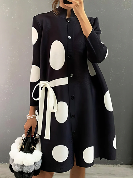 

Polka Dots Stand Collar Three Quarter Sleeve Urban Loose Short Dress With Belt, Black, Midi Dresses