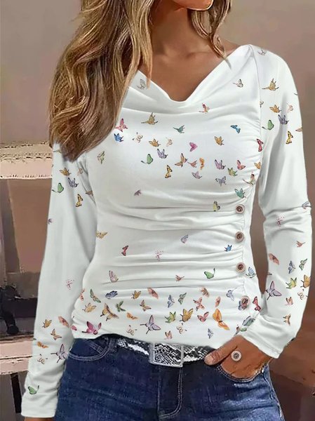 V Neck Casual Loose Butterfly T-Shirt, White, T-Shirts