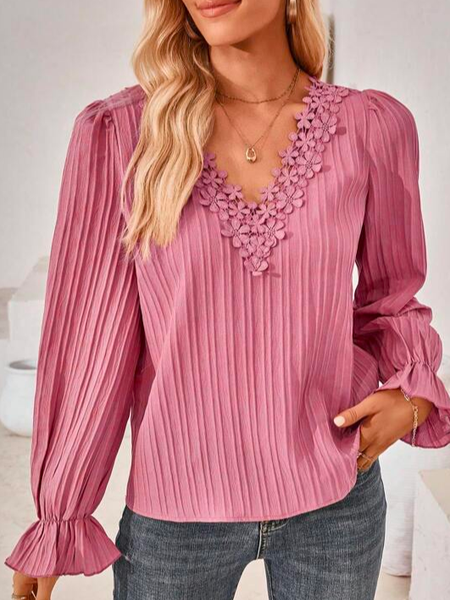 Elegant V Neck Lace Loose Shirt, Pink, Shirts & Blouses