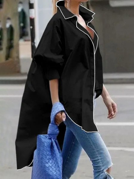 Shirt Collar Urban Color Block Long Sleeve Blouse, Black, Blouses and Shirts