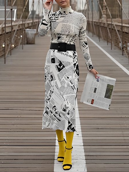 Turtleneck Urban Newspaper Print Regular Fit Dress, As picture, Midi Dresses