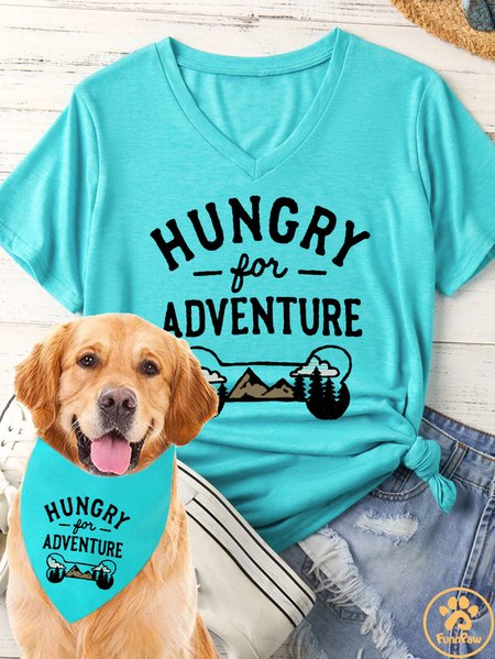 Women's Hungry For Adventure Matching V Neck T-Shirt, Lightgreen, T-shirts