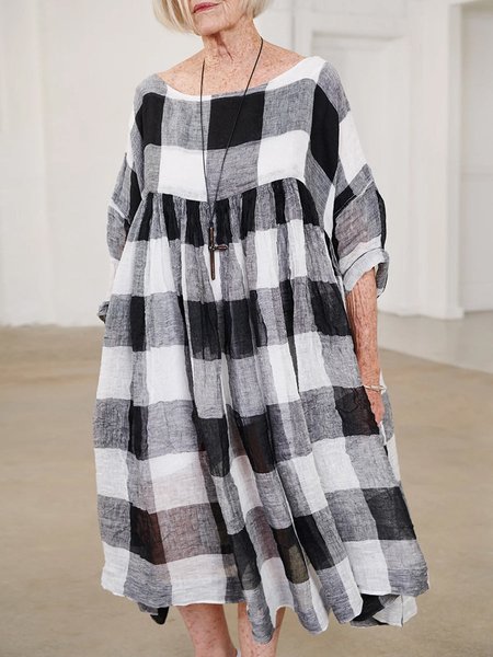 Crew Neck Casual Regular Fit Plaid Dress, Black, Dresses