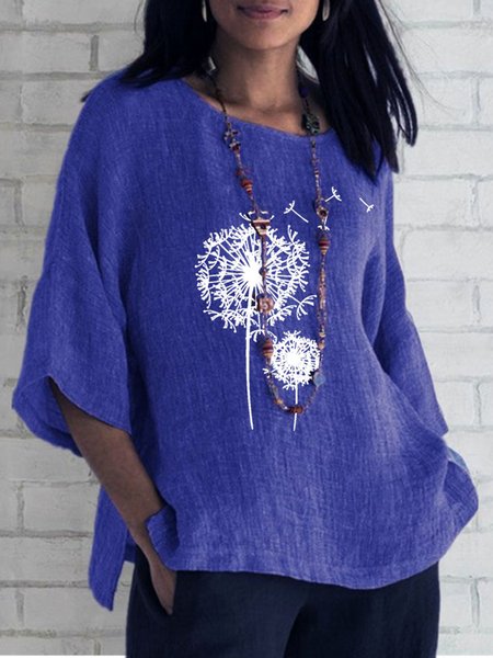 Cotton And Linen Loose Crew Neck Casual Shirt, Blue, Blouses & Shirts