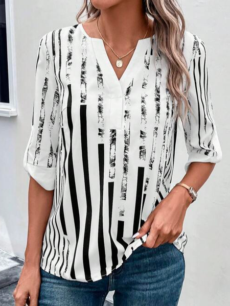 

Loose Color Block V Neck Casual Striped Print Notched Neckline Roll Tab Sleeve Blouse, Black, Shirts & Blouses