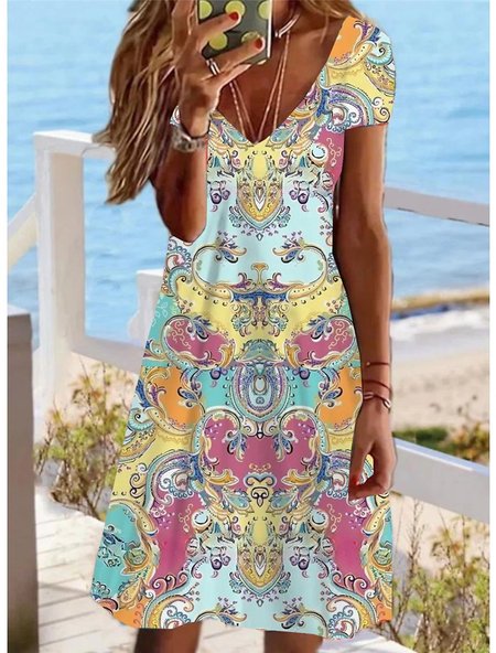 Boho Vaction Short Sleeve Fit Ethnic Printing Casual Midi Dress, Yellow, Dresses