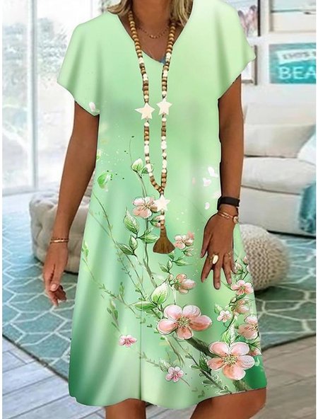 Boho Vaction Short Sleeve Fit Floral Printing Casual Midi Dress, Aqua, Dresses