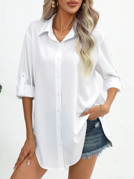 

Shirt Collar Casual Loose Solid Button Front Roll Up Sleeve Curved Hem Shirt, White, Shirts & Blouses