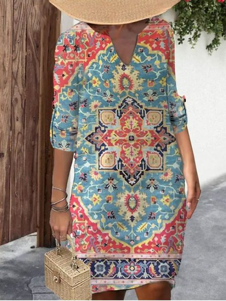 Casual Notched Ethnic Loose Dress, Red, Dresses