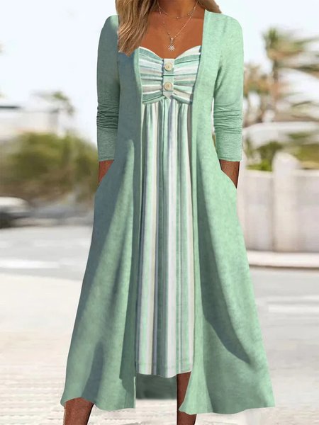 Casual Ruched Striped Square Neck Dress, Green, Dresses