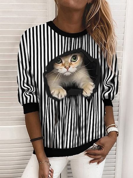 Striped Crew Neck Casual Loose Sweatshirt, Black-white, Sweatshirts & Hoodies