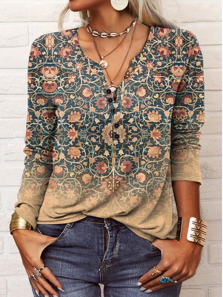 Casual Crew Neck Loose Buckle T-Shirt, Khaki, T-Shirts