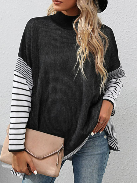 Regular Fit Casual Wool/Knitting Striped Sweater, Black, Sweaters