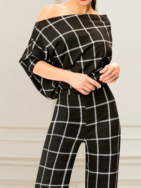 

Micro-Elasticity Loose Asymmetrical Long Sleeve Plaid Elegant Shirt, Black, Blouses and Shirts