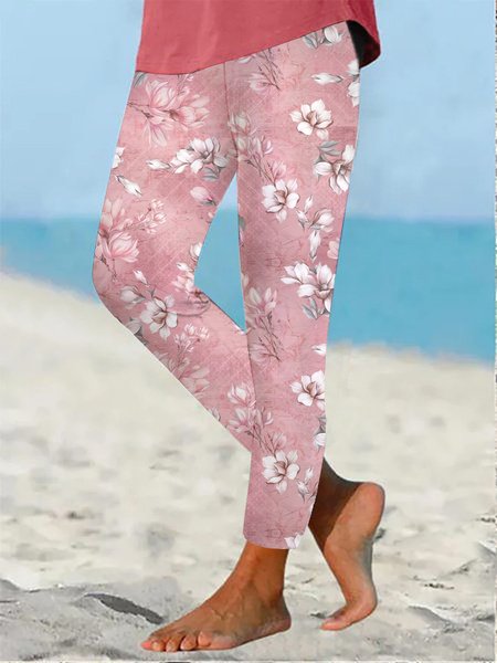 

Tight Floral Knitted Casual Legging, Pink, Leggings