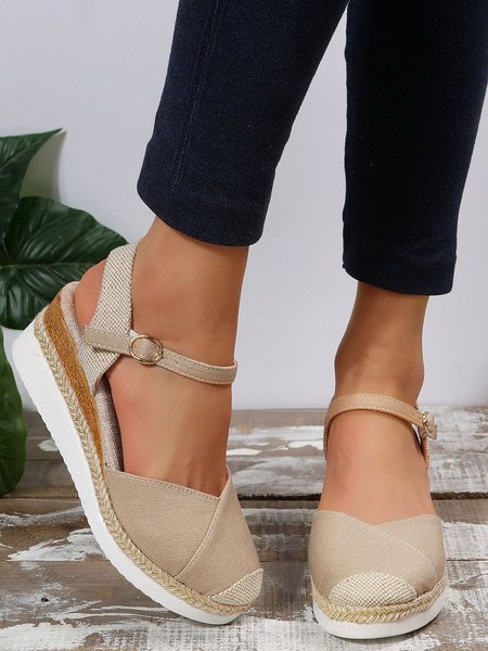 Linen-Panel Suede Straw Wedge Sandals, Beige, Sandals