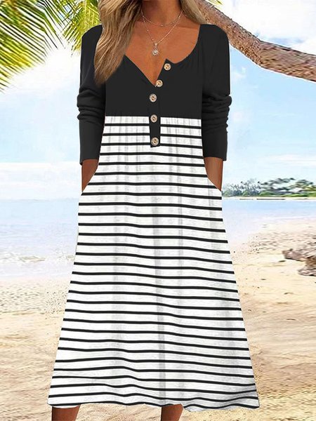 Crew Neck Striped Casual Dress, Black, Midi Dresses
