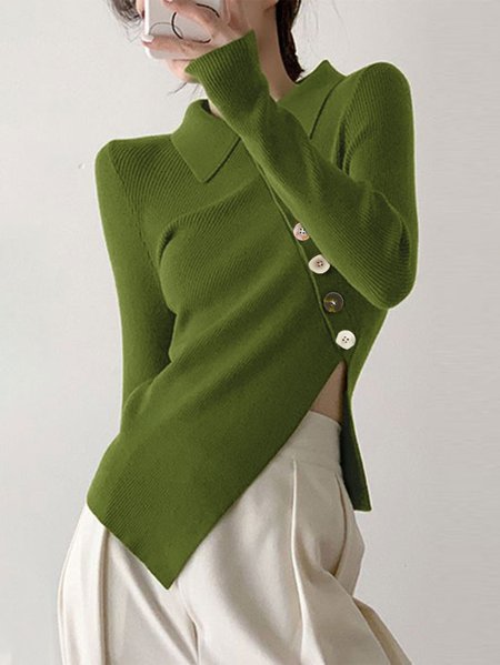 Plain Long Sleeve Shirt Collar Urban Sweater, Green, Pullovers