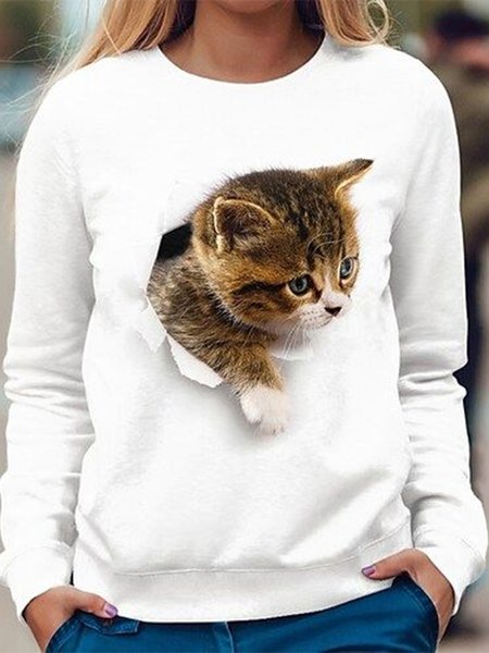 Loose Casual Cat Sweatshirt, White, Sweatshirts & Hoodies
