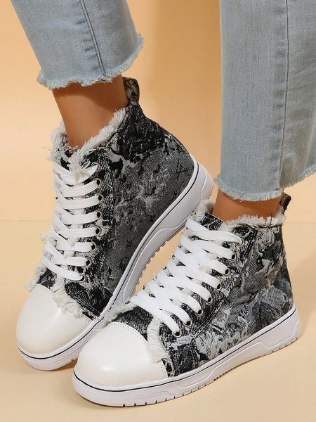 Abstract Raw Trim High Top Lace-Up Canvas Shoes, As picture, Sneakers