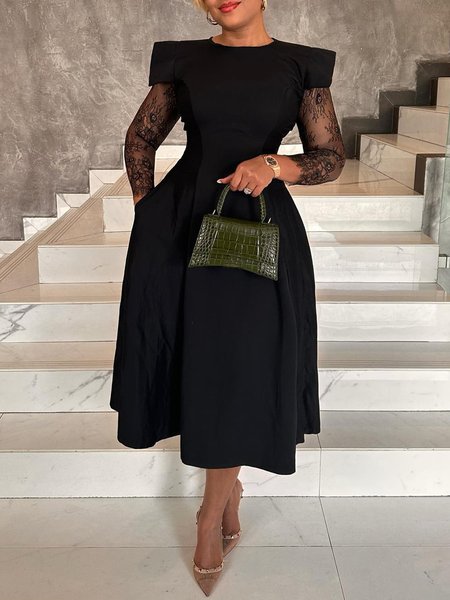 Elegant Crew Neck Plain Lace Sleeve Regular Fit Dress, Black, Midi Dresses