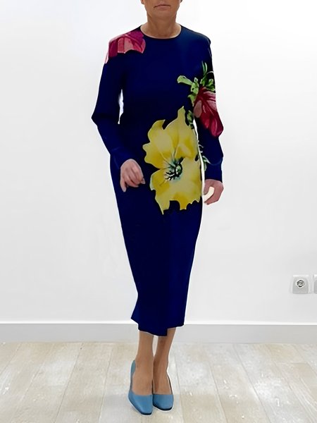 Elegant Floral Long Sleeve Tight Crew Neck Midi Dress With No Belt, Deep blue, Maxi Dresses
Elegant Floral Long Sleeve Tight Crew Neck Midi Dress With No Belt, Deep blue, Maxi Dresses
