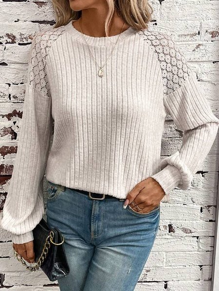Casual Loose Plain Crew Neck Shirt, Khaki, Shirts & Blouses