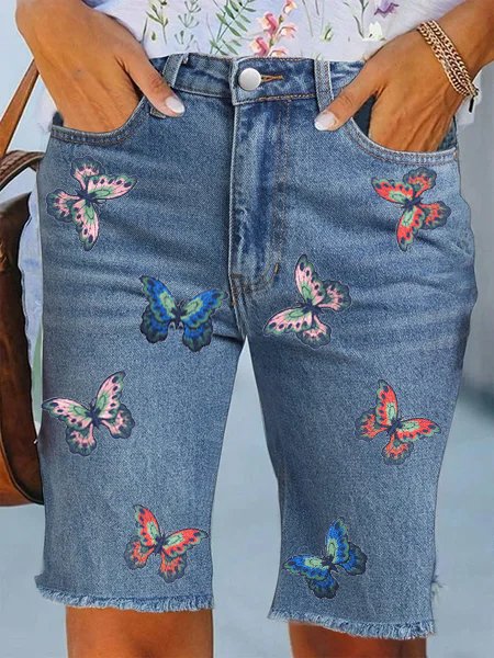 Casual Butterfly Denim Embroidery Denim Shorts, Blue, Shorts