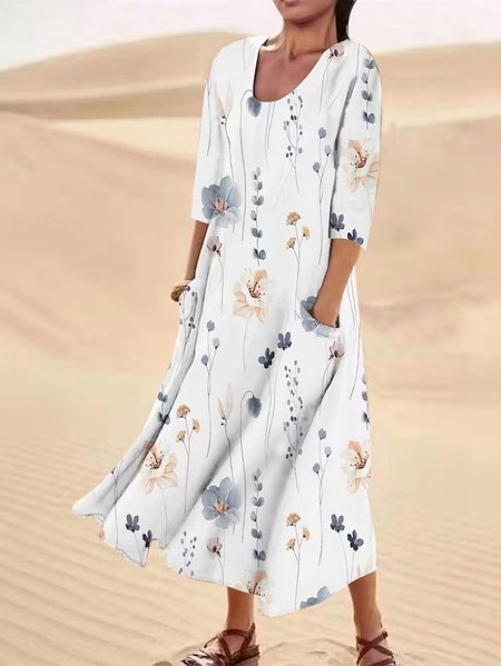 Crew Neck Casual Loose Floral Dress, White, Dresses