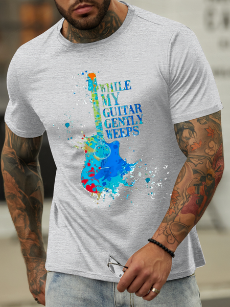 Men's when my guitar cries Casual Crew Neck Loose T-Shirt, Light gray, T-shirts