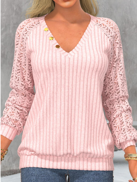 V Neck Casual Lace Loose Sweatshirt, Pink, Sweatshirts & Hoodies