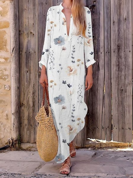 V Neck Casual Loose Floral Dress, White, Dresses