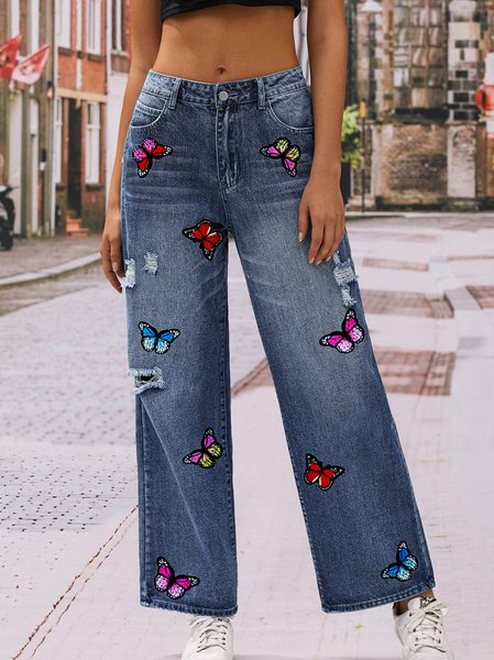 Loose Vacation Embroidery Butterfly Jeans, Blue, Jeans