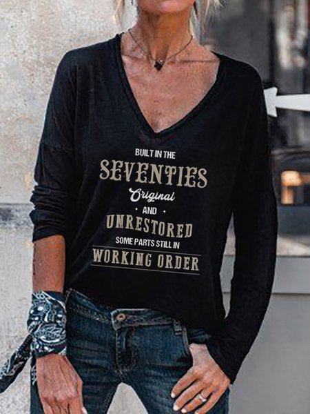 Loose Knitted V Neck Casual T-Shirt, Black, T-Shirts