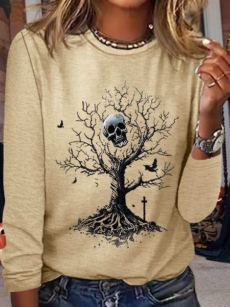 Women's Halloween Tree Skull Casual Regular Fit Crew Neck Shirt, Khaki, Long sleeves
Women's Halloween Tree Skull Casual Regular Fit Crew Neck Shirt, Khaki, Long sleeves