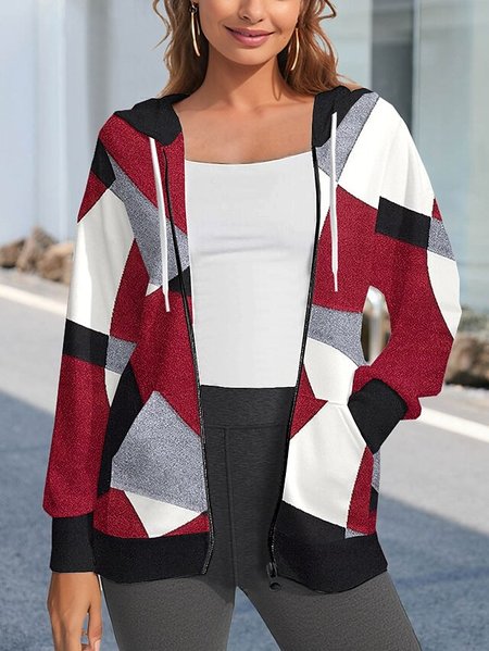 Color Block Others Loose Casual Jacket, Red, Jackets