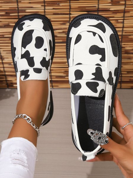 Black and White Cow Pattern Personalized Loafers, Black-white, Flats
