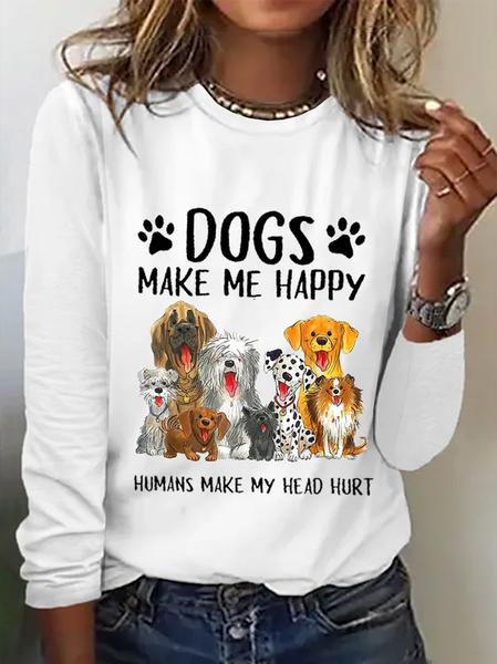 Dog Loose Crew Neck Casual T-Shirt, White, T-Shirts