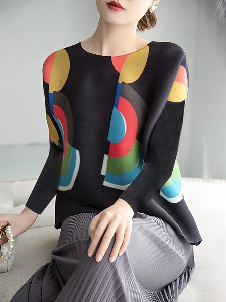 Regular Fit Polka Dots Elegant Crew Neck Shirt, Black, Blouses and Shirts