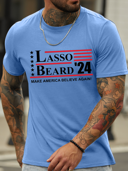 Lasso beard'24 Men's Color Block Casual Crew Neck Cotton-Blend T-Shirt, Light blue, T-shirts