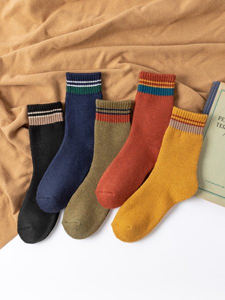 5pairs Striped Pattern Warmth Crew Mid-calf Socks, As picture, Socks