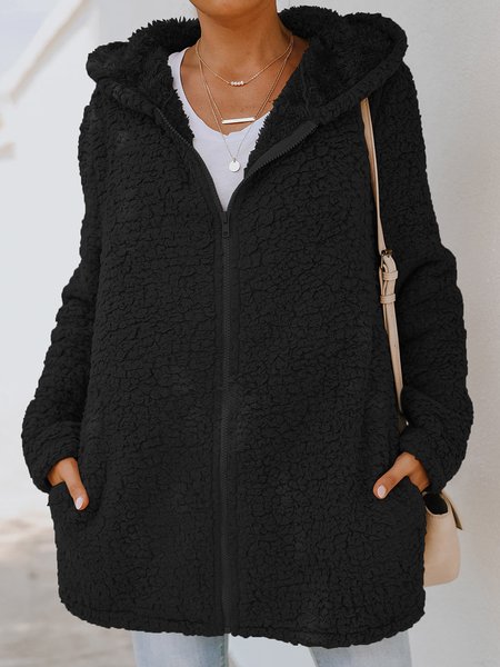 Zipper Loose Hoodie Casual Teddy Jacket, Black, Coats