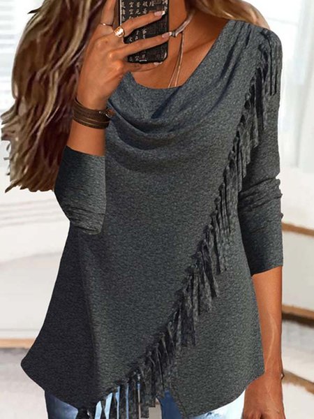 Plus Size Casual Plain Loose Shirt, Deep gray, Blouses & Shirts