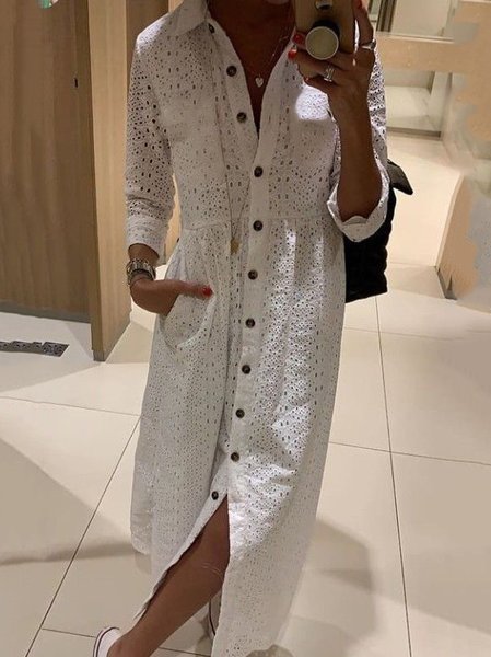 Plain Shirt Collar Loose Casual Dress With No Belt, White, Dresses