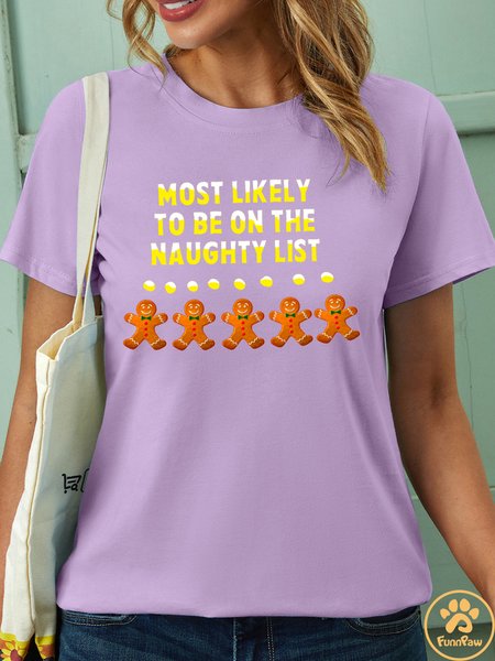 

Women’s Most Likely To Be On The Naughty List Casual Christmas Crew Neck T-Shirt Pet Matching T-Shirt, Purple, T-shirts