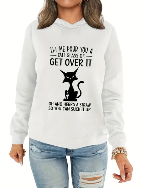 Casual Loose Cat Hoodie, White, Hoodies&Sweatshirts