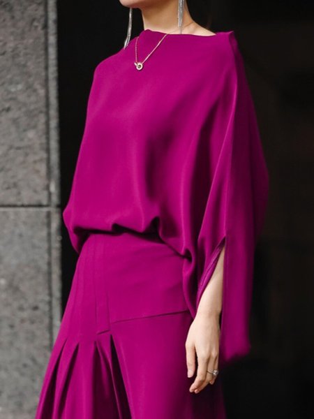 Simple Plain Urban Loose Long Sleeve Shirt, Rose red, Blouses and Shirts